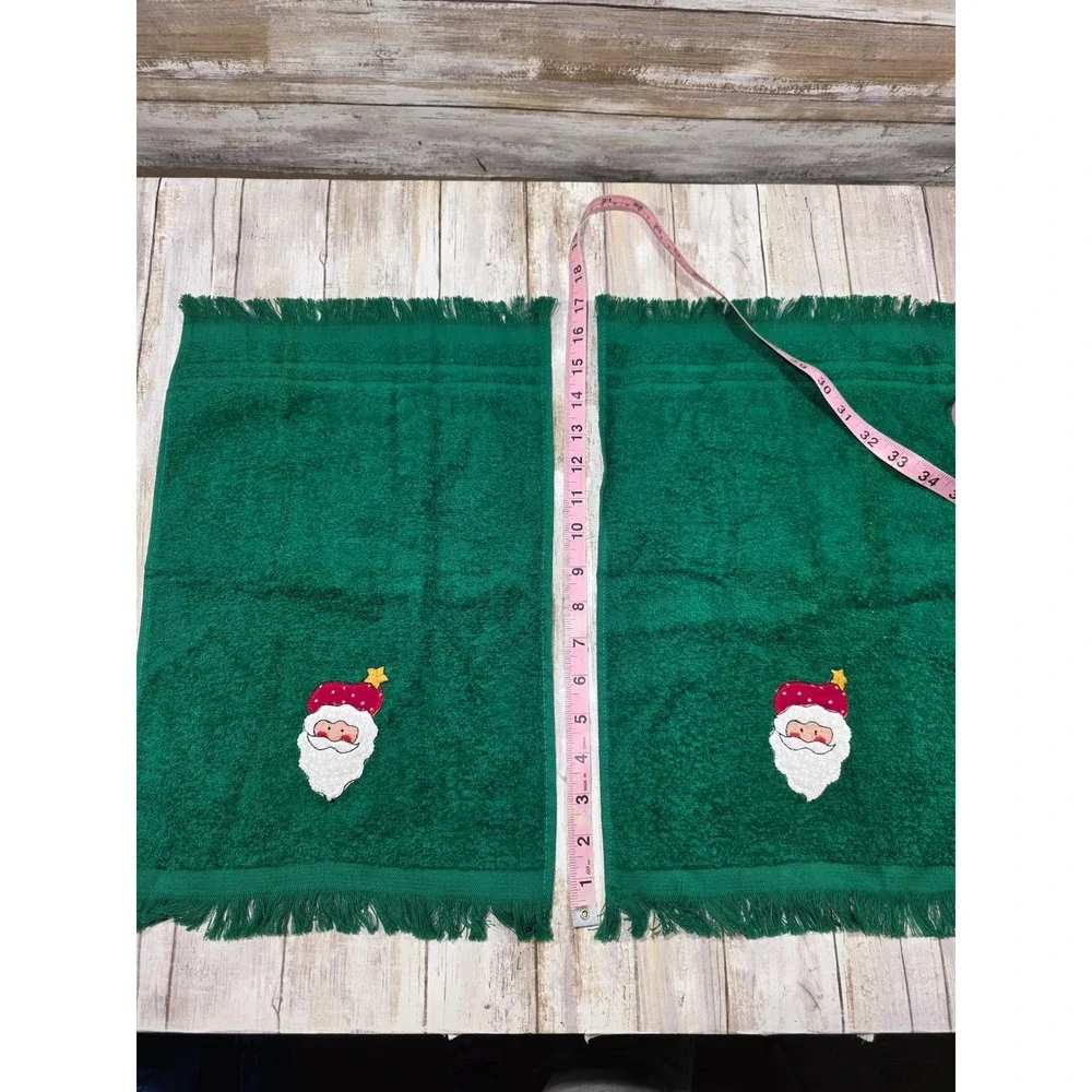 Cannon Christmas Santa Claus‎ Green Hand Towel Set 3 Piece Embroidered Fringed